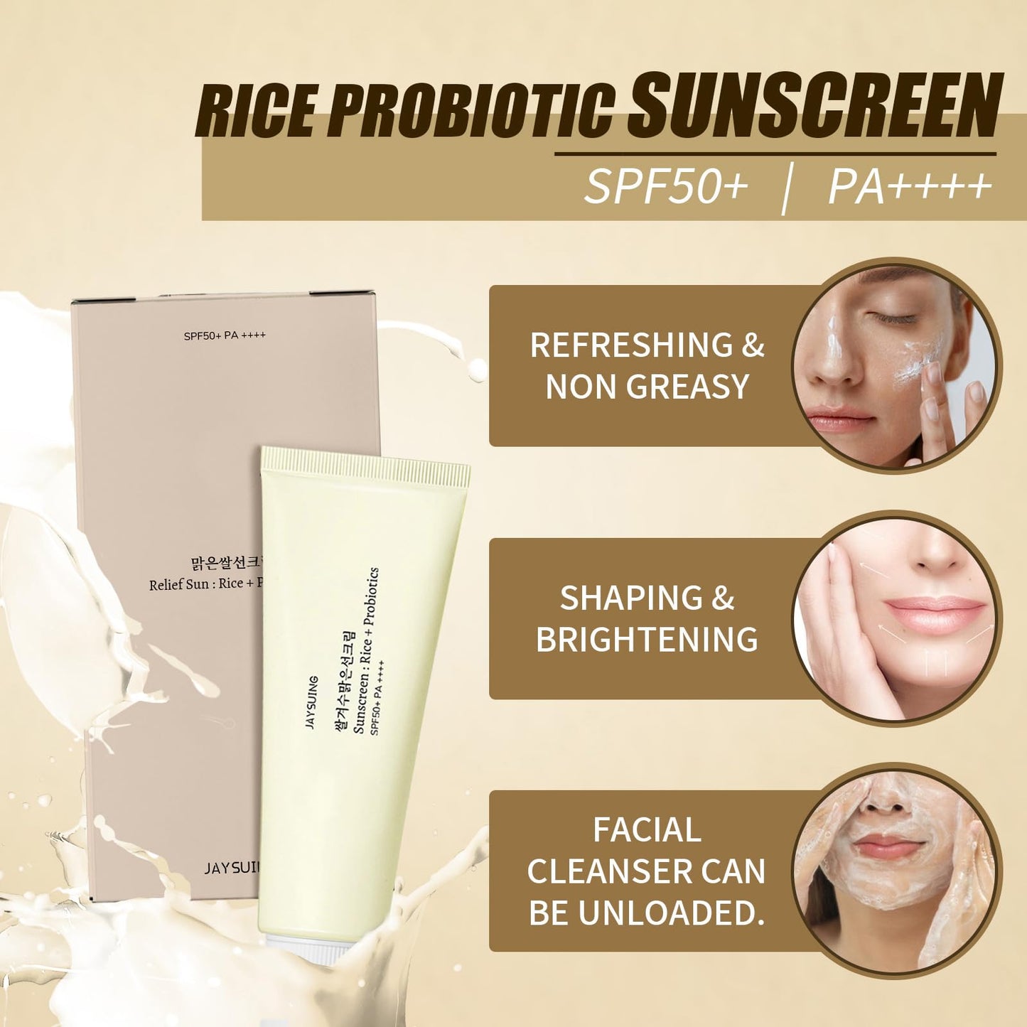 Relief Sun Rice Probiotics SPF50, 50ml Organic Sunscreen with Rice and Probiotics, Can Effectively Protect for All Skin Types