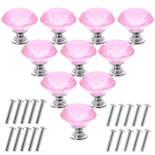 Akstore 10 Pcs Crystal Glass Cabinet Knobs 30mm Diamond Shape Drawer Kitchen Cabinets Dresser Cupboard Wardrobe Pulls Handles (Pink)