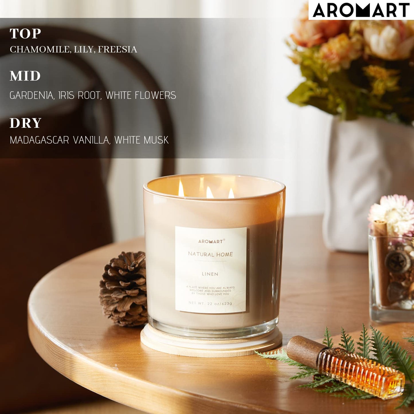 AROMART 3 Wick Large Scented Candles 22 Oz,Linen Aromatherapy Candles for Home Scented,Soy Candles with 8% Essential Oils,Long Burning,Soy Wax Candles Gifts for Women Men