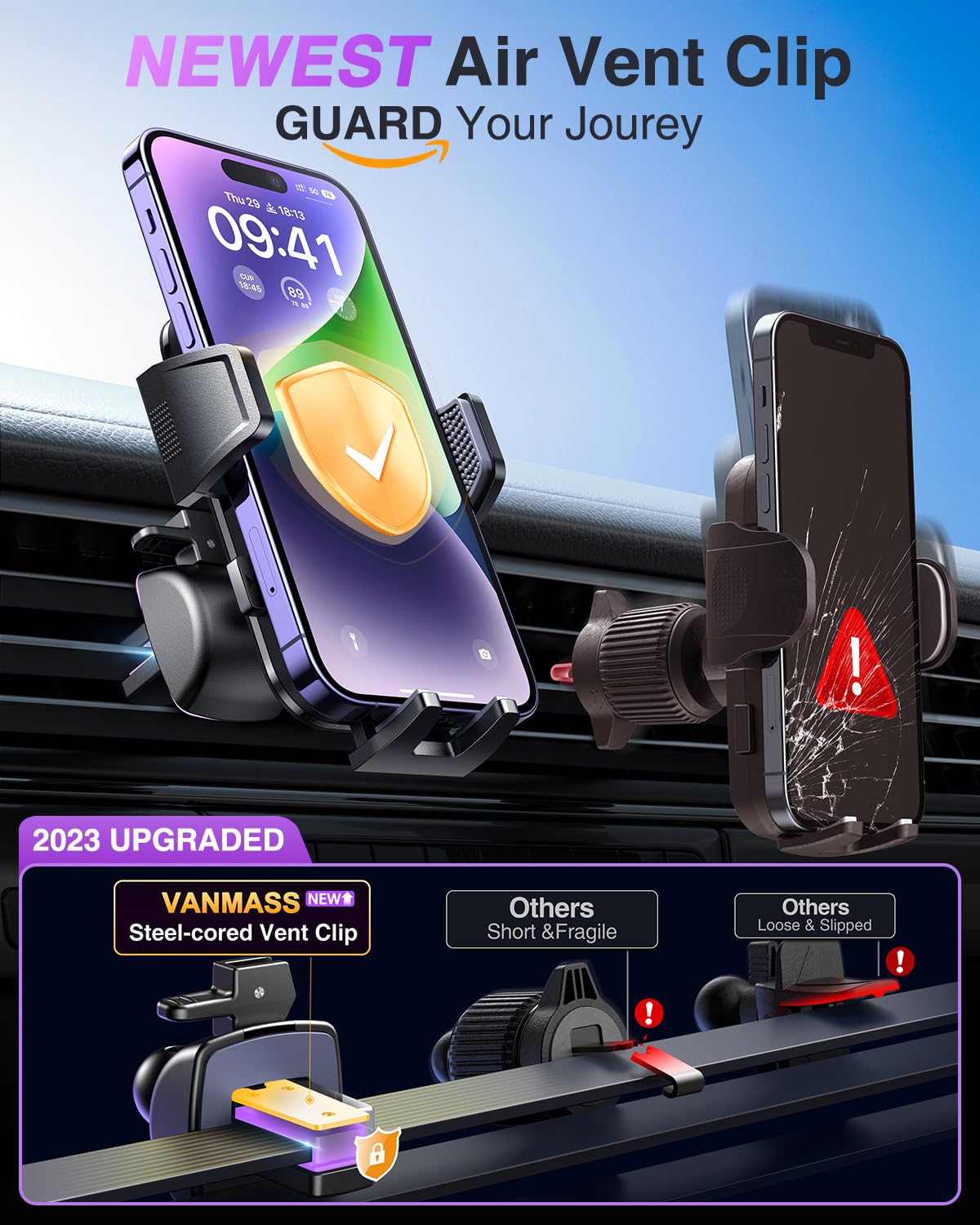 VANMASS 【Top Stabilized】 Car Phone Holder Cell Phone Mount 【Newest Silent Clips】 for Car Dashboard Windshield Air Vent Hands-Free Car Cradle for iPhone 14 Pro Max 13 12 11 Android, Black