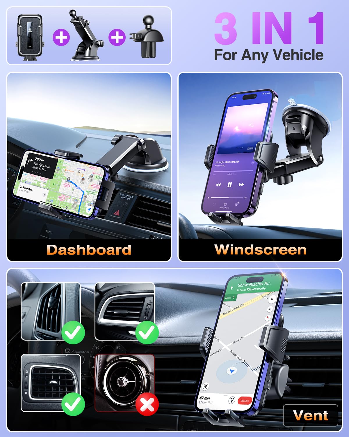 VANMASS 【Top Stabilized】 Car Phone Holder Cell Phone Mount 【Newest Silent Clips】 for Car Dashboard Windshield Air Vent Hands-Free Car Cradle for iPhone 14 Pro Max 13 12 11 Android, Black