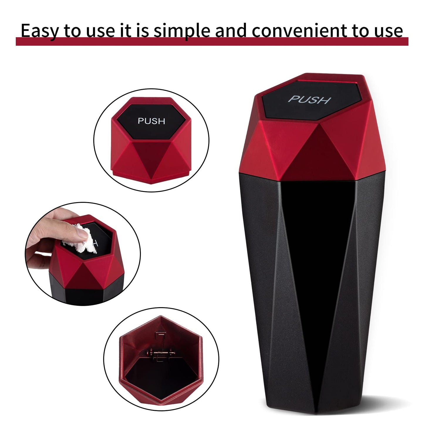 JUSTTOP Car Trash Can with Lid, Diamond Design Small Automatic Portable Trash Can, Easy to Clean, Used in Car Home Office Interior Accessories, 2PCS (Red)