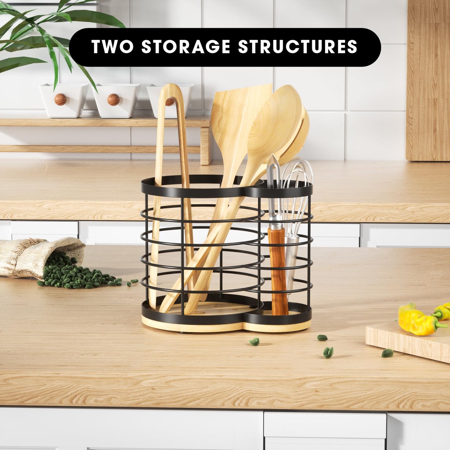 VITABONA 2 In 1 Kitchen Utensil Holder for Countertop - 7.2''×6.2''×4.8'' Extra Large Utensil Holder for Kitchen Counter, Cooking Utensil Holder, Wooden Utensil Organizer for Countertop, Bamboo Utensil Holder.