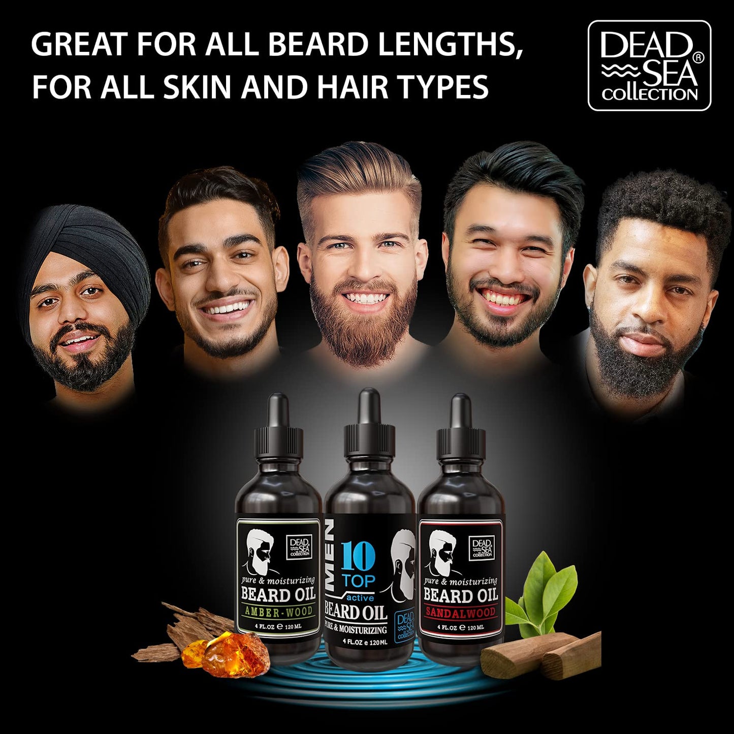 Dead Sea Collection Amber Wood Scented Beard Oil For Men - Natural Beard And Mustache Moisturizer – Men’s Beard Care Softener And Nourishing Treatment - 4 Fl. Oz