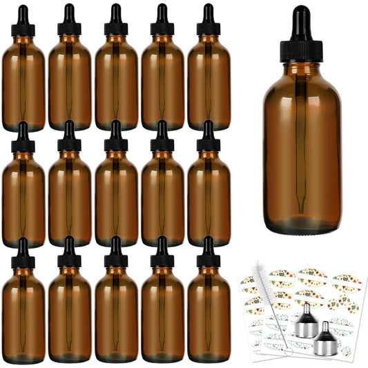 CycleMore 16 Pack (120 ml) 4 oz Amber Glass Boston Bottles with Glass Eye Droppers, Glass Dropper Bottles for Essential Oils & Lab Chemicals & More Liquids (4 oz-16 Pcs-Amber)