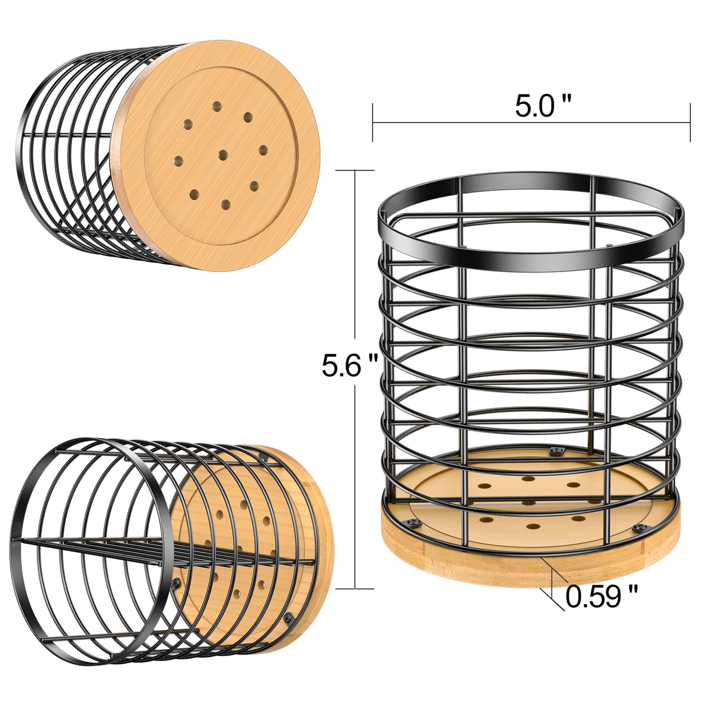 Toosci Kitchen Utensil Holder - Stainless Steel and Bamboo Utensil Holder, Utensil Holder for Kitchen Counter, Large