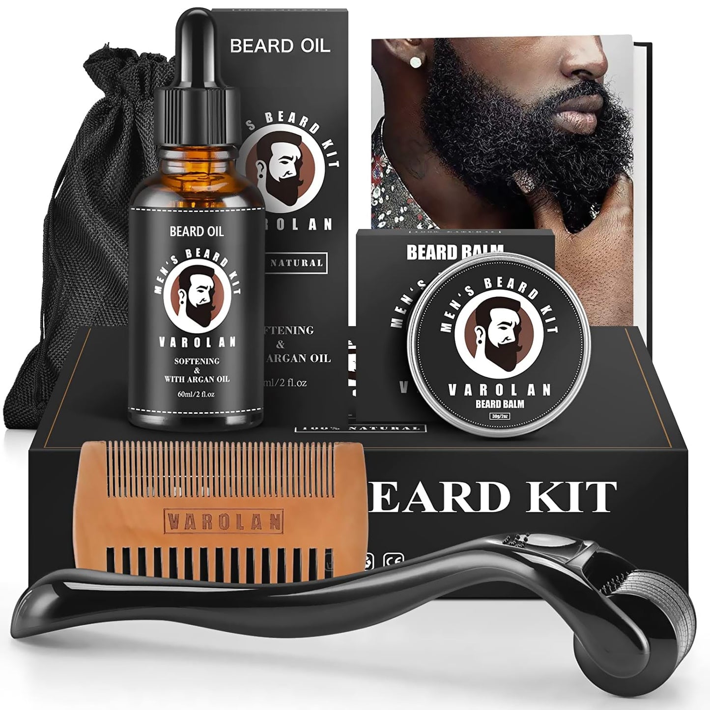 Varolan Beard Gift Kit - Beard Grooming Kit, Beard Oil (2Oz), Beard Balm,Beard Brush, Beard Comb, Beard E-book, Storage Bag, Mustache Men's Gifts Set for Boyfriend Husband Fathers Dad Him