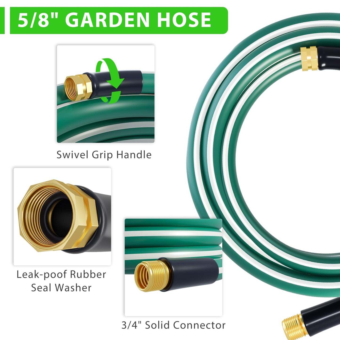 SnugNiture Garden Hose 100 ft x 5/8", Heavy Duty, Light Weight, Flexible Water Hose with 3/4'' Solid Fittings for All-Weather Outdoor