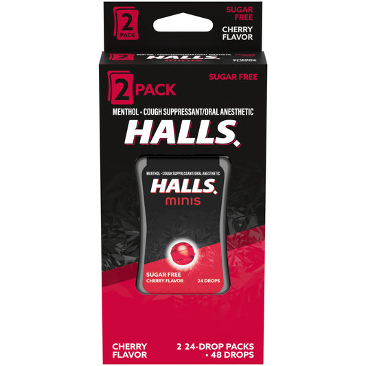 HALLS Minis Cherry Flavor Sugar Free Cough Drops, Twin Pack (48 Total Drops)