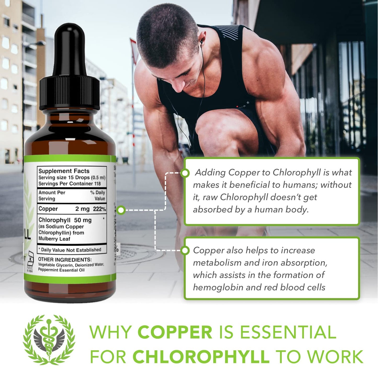 Benevolent Chlorophyll Liquid Drops - 100% Natural + 4X Potency Concentration for Energy Boost, Immune System Support, Internal Deodorant, Altitude Sickness. Not Watered Down. Minty Flavor