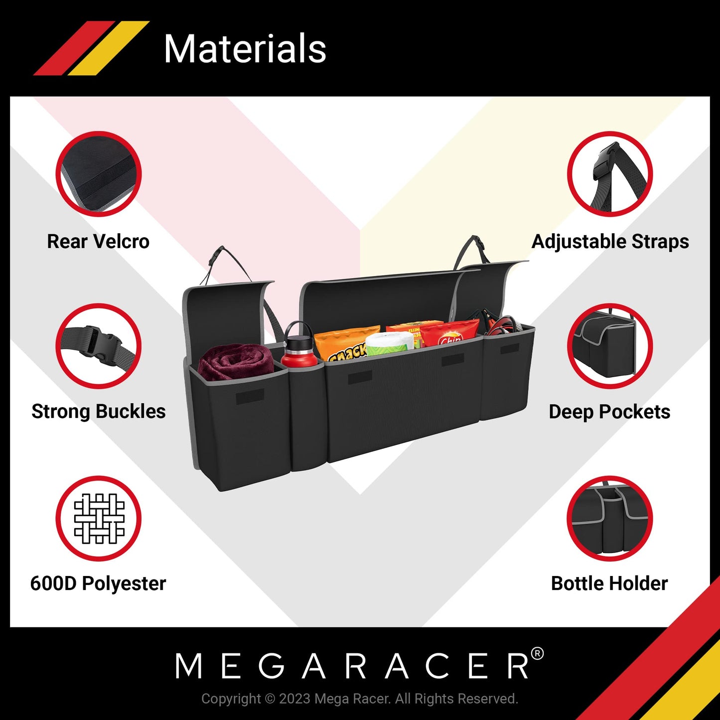 Mega Racer Black Trunk Organizer - 600D Polyester & Oxford Cloth Material, 4 Large Storage Pockets, 2 Adjustable Rear Clips, Storage Accessories For Cars Pickup Trucks SUV Vans, Waterproof, 1 Piece