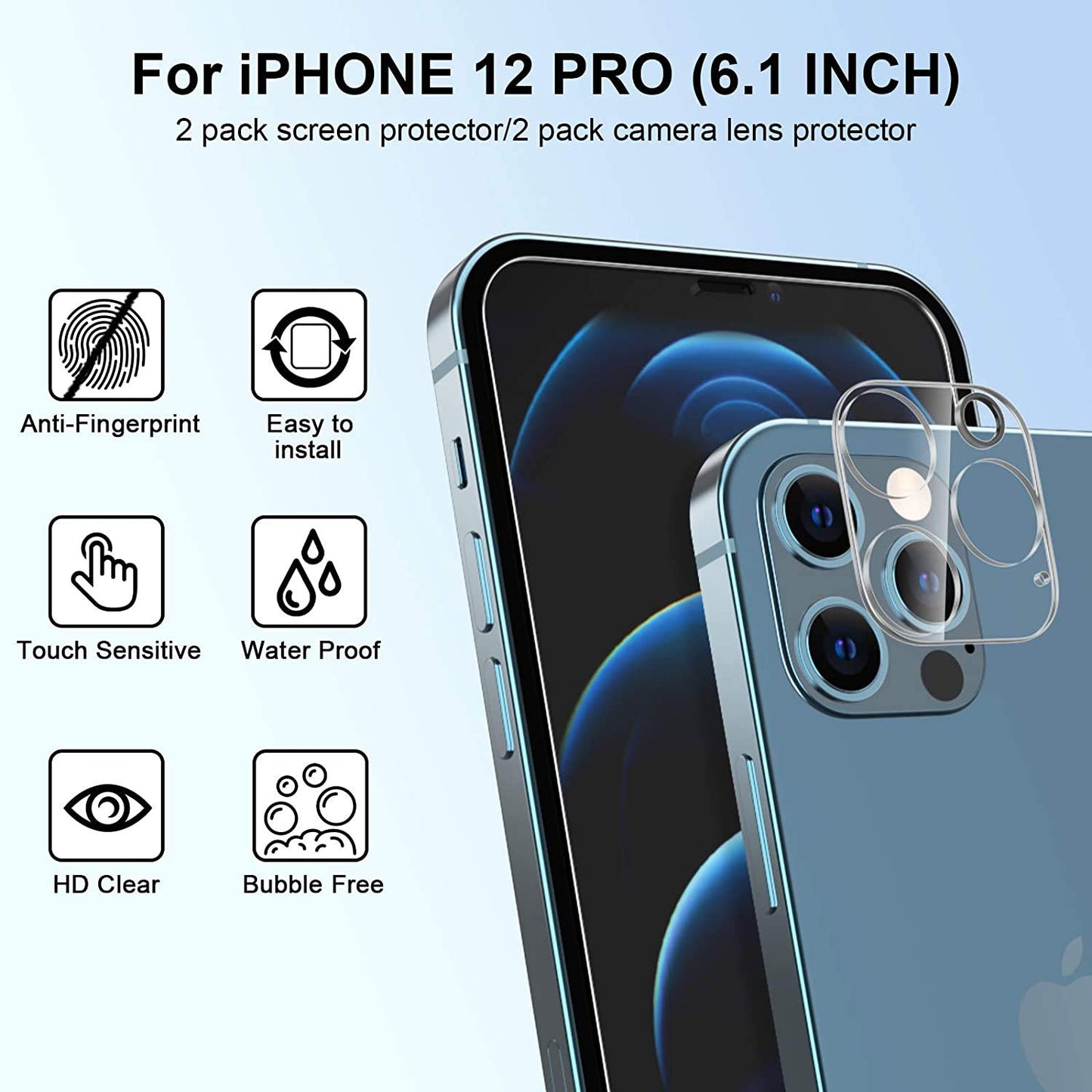 [4Pack] 2 Pack Screen Protector Tempered Glass Compatible with iPhone 12 PRO 5G (6.1”)+2 Pack Camera Lens Protector Tempered Glass for iPhone 12 PRO, HD Clear Anti-Scratch Bubble Free Case Friendly