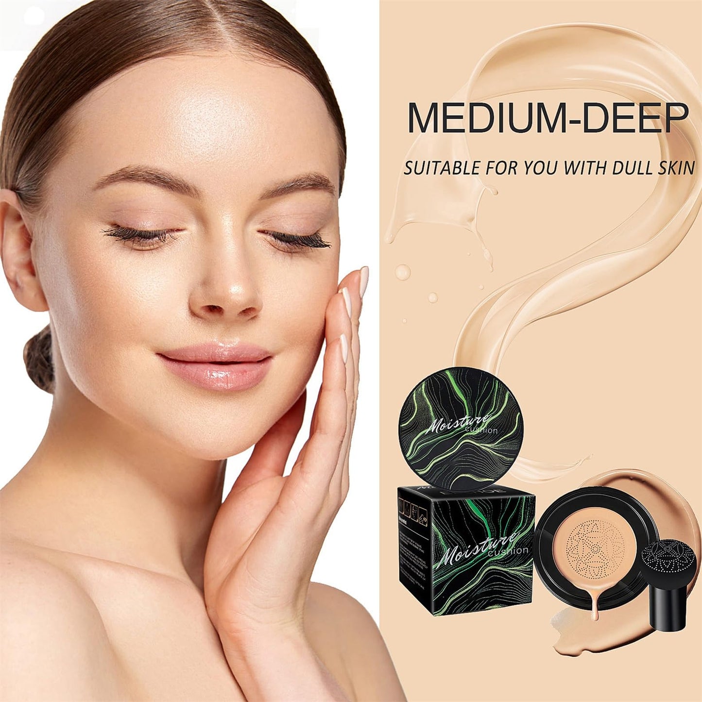 Mushroom Head Air Cushion CC Cream - BB Cream Foundation Makeup, Long-Lasting Makeup Even Skin Tone, Concealer Moisturizing Oil Control Waterproof, Makeup Base Primer for All Skin Types (MediumDeep)