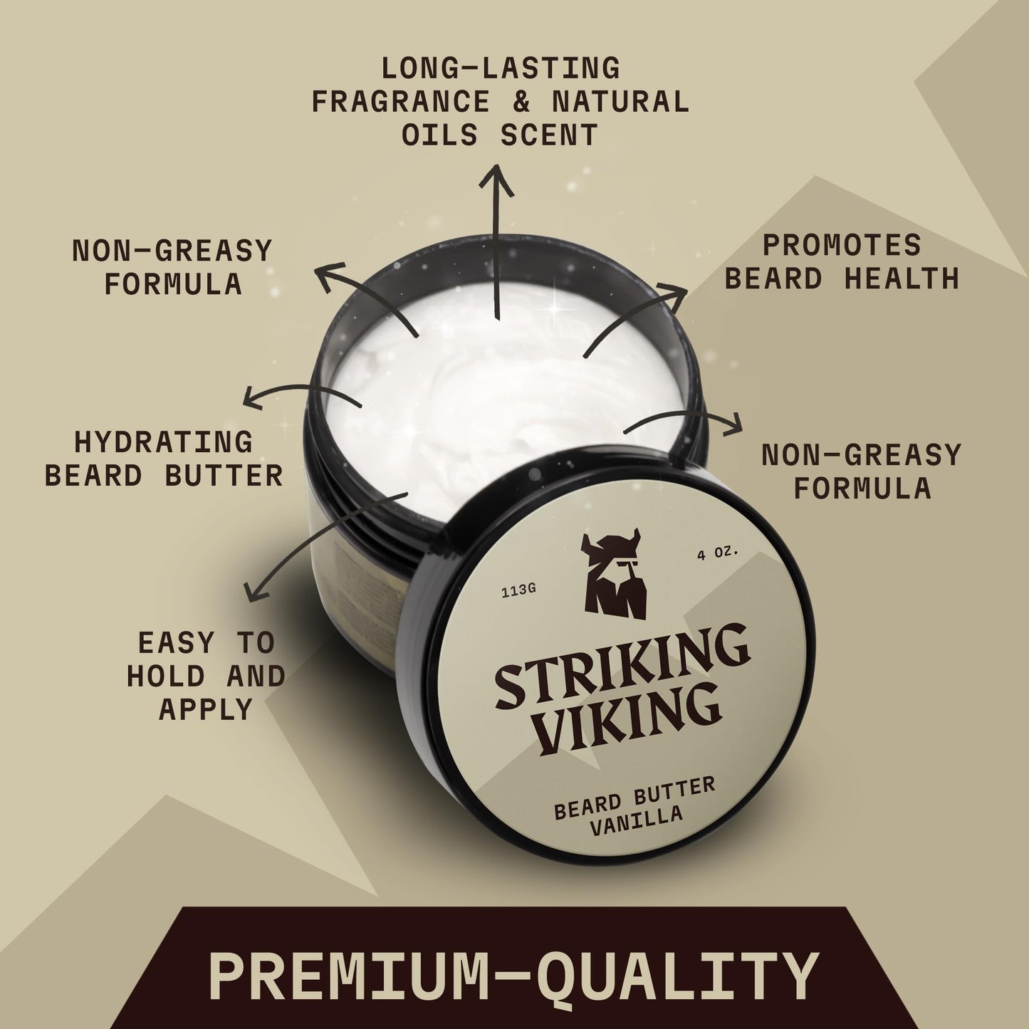 Striking Viking Beard Butter - Non Greasy Beard Butter for Men with Natural ingredients 4oz - Keep your Beard Hydrated & Refreshing with Beard Cream (Vanilla)