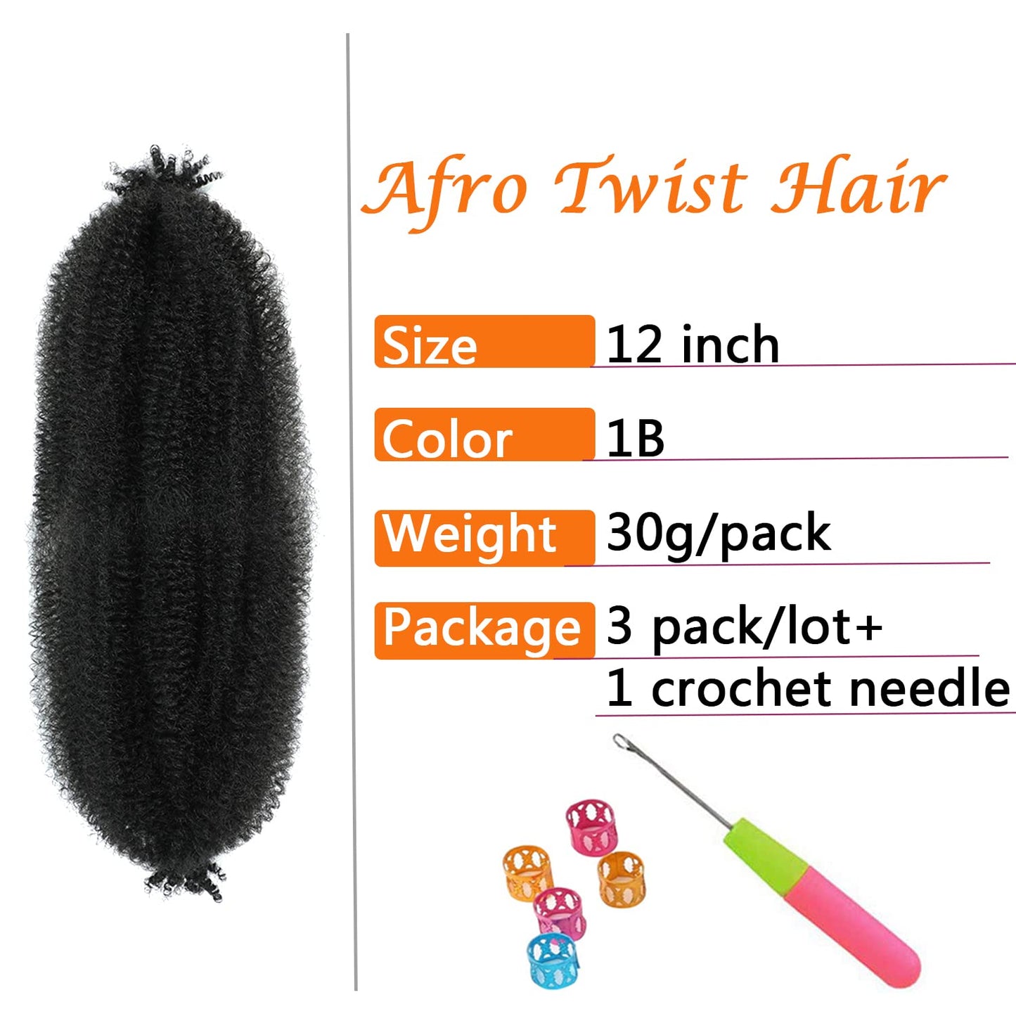 Springy Afro Twist Hair 12 Inch 3 Packs Black Color Pre Fluffed Marley Twist Braiding Hair (12 inch, 1B)