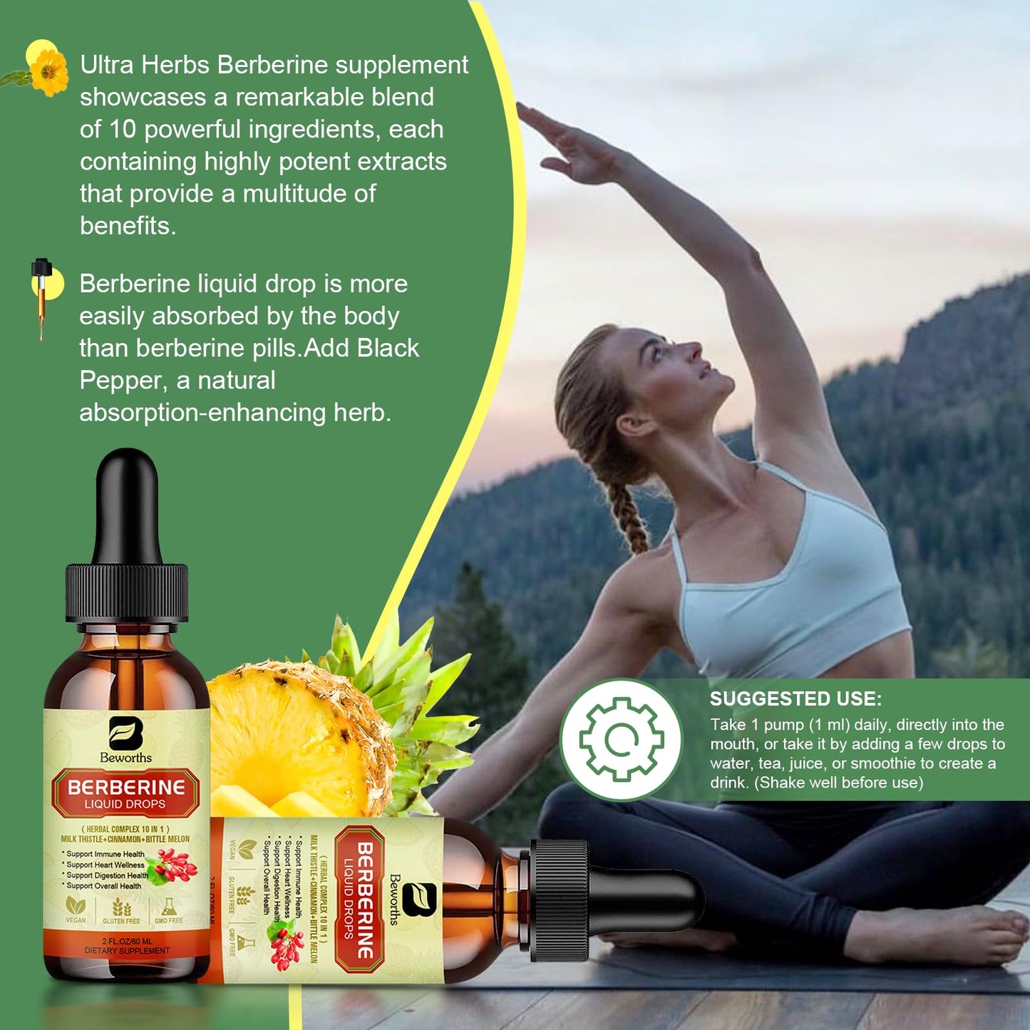 Premium Berberine Supplement - Berberine Liquid Drops with Turmeric, Bitter Melon, Milk Thistle, Ceylon Cinnamon, Berberine Veggie Supplement for Immune, Digestion System and Heart Health Support