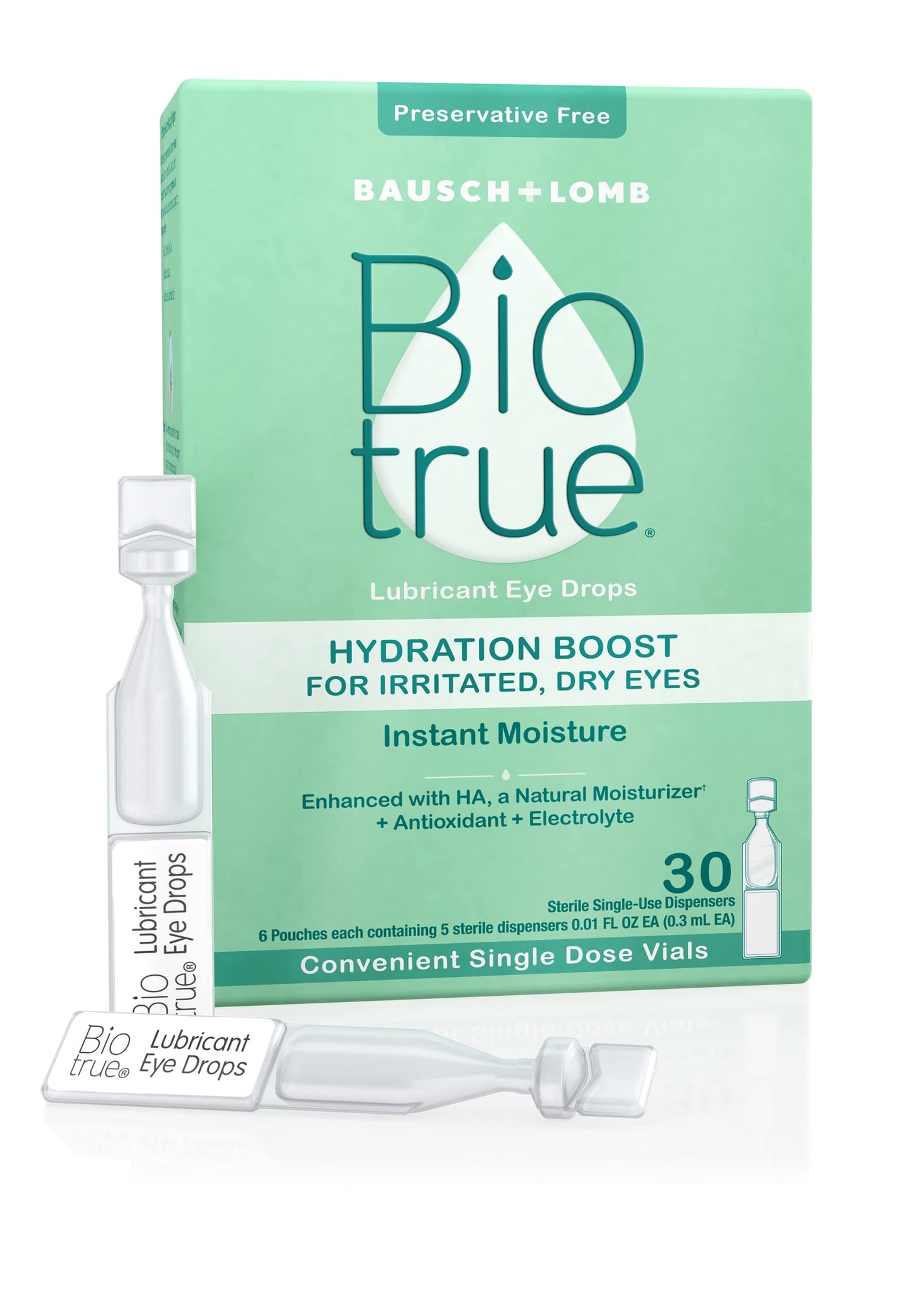 Biotrue Hydration Boost Eye Drops for Irritated, Dry Eyes in Single Dose Vials from Bausch + Lomb, Instant Moisture, Preservative Free, pH Balanced, Naturally Inspired, Pack of 30 Vials