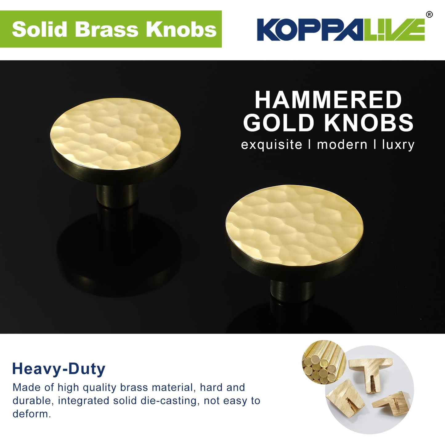 KOPPALIVE 2-Pack Modern Gold Cabinet Knobs, Hammered Solid Brass Drawer Knobs, Round Dresser Drawer Pulls and Handles, Kitchen Cabinet Hardware, Diameter 1-3/16 Inch