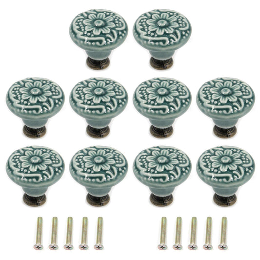 Geesatis 10 pcs Decorative Knob Ceramic knobs Drawer Cabinet Pull Handle Knobs Furniture Decorative Pull Tool with Mounting Screws, Green, 1.4 inch Diameter