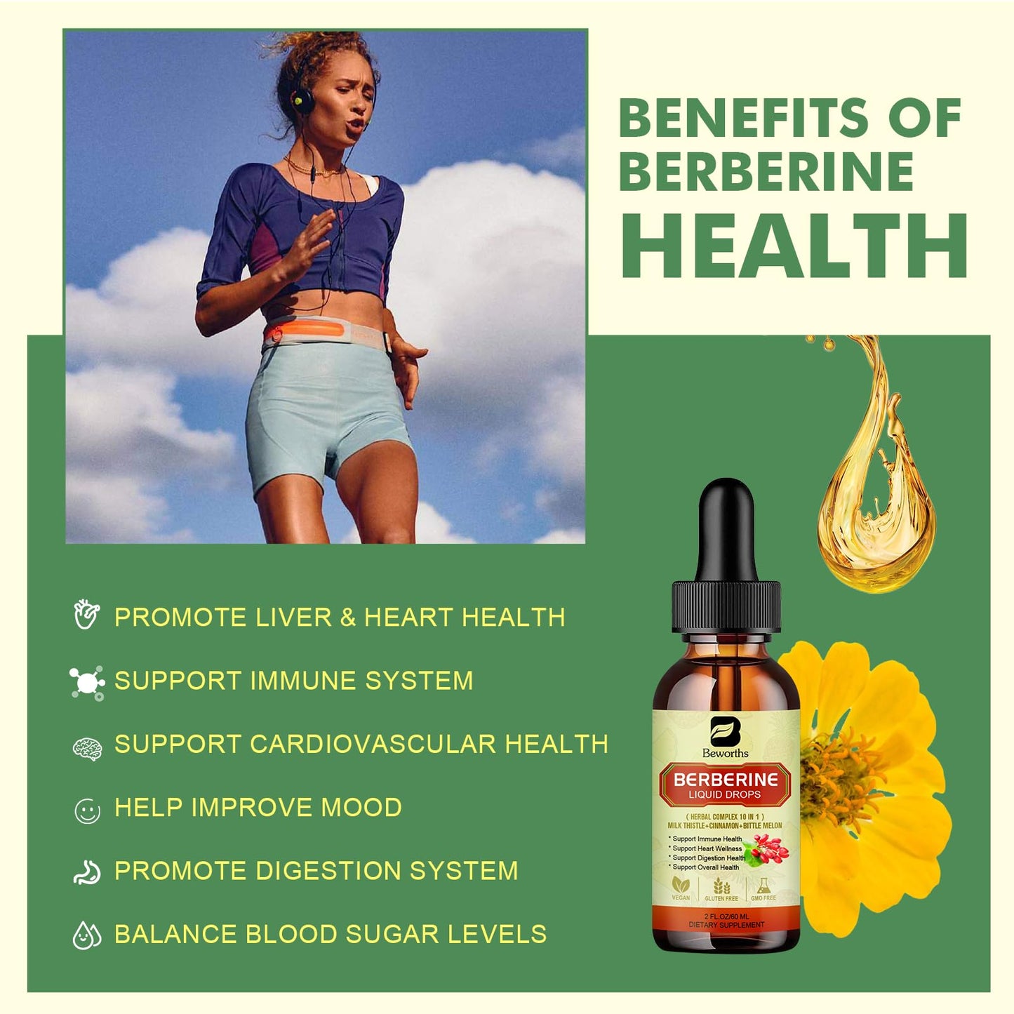 Premium Berberine Supplement - Berberine Liquid Drops with Turmeric, Bitter Melon, Milk Thistle, Ceylon Cinnamon, Berberine Veggie Supplement for Immune, Digestion System and Heart Health Support