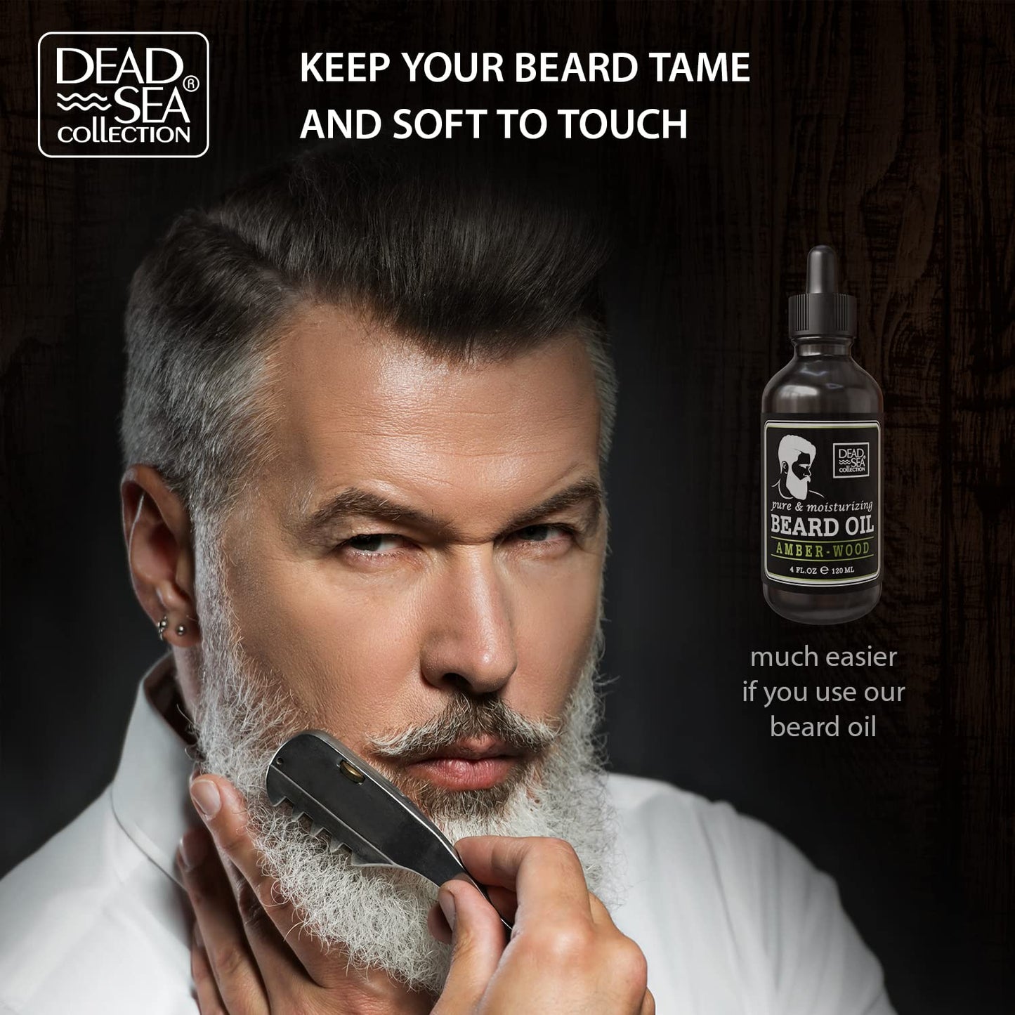 Dead Sea Collection Amber Wood Scented Beard Oil For Men - Natural Beard And Mustache Moisturizer – Men’s Beard Care Softener And Nourishing Treatment - 4 Fl. Oz