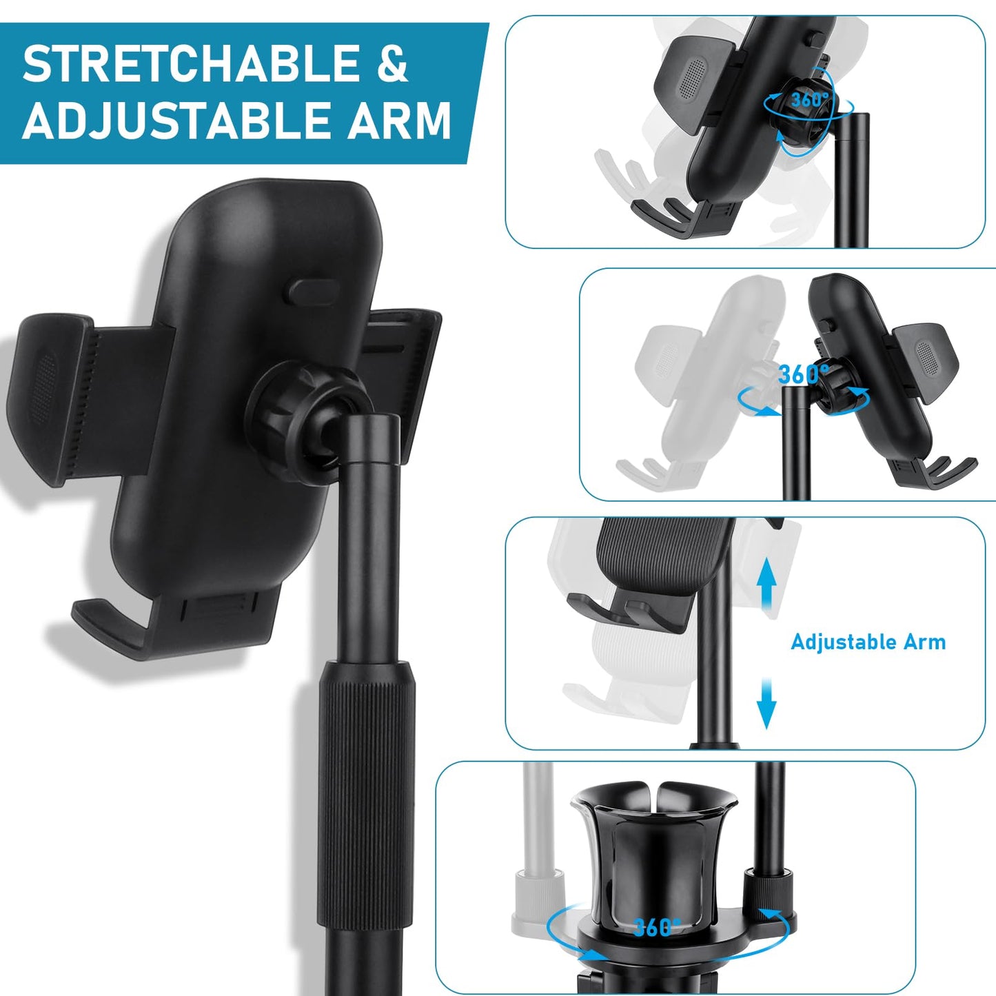 Cup Phone Holder for Car, 2 in 1 Universal Cup Phone Mount for Car, Stretchable Long Neck Car Phone Mount No Shaking 360° Rotation Cup Holder for Car, Track, Compatible with All iPhone Samsung Phones