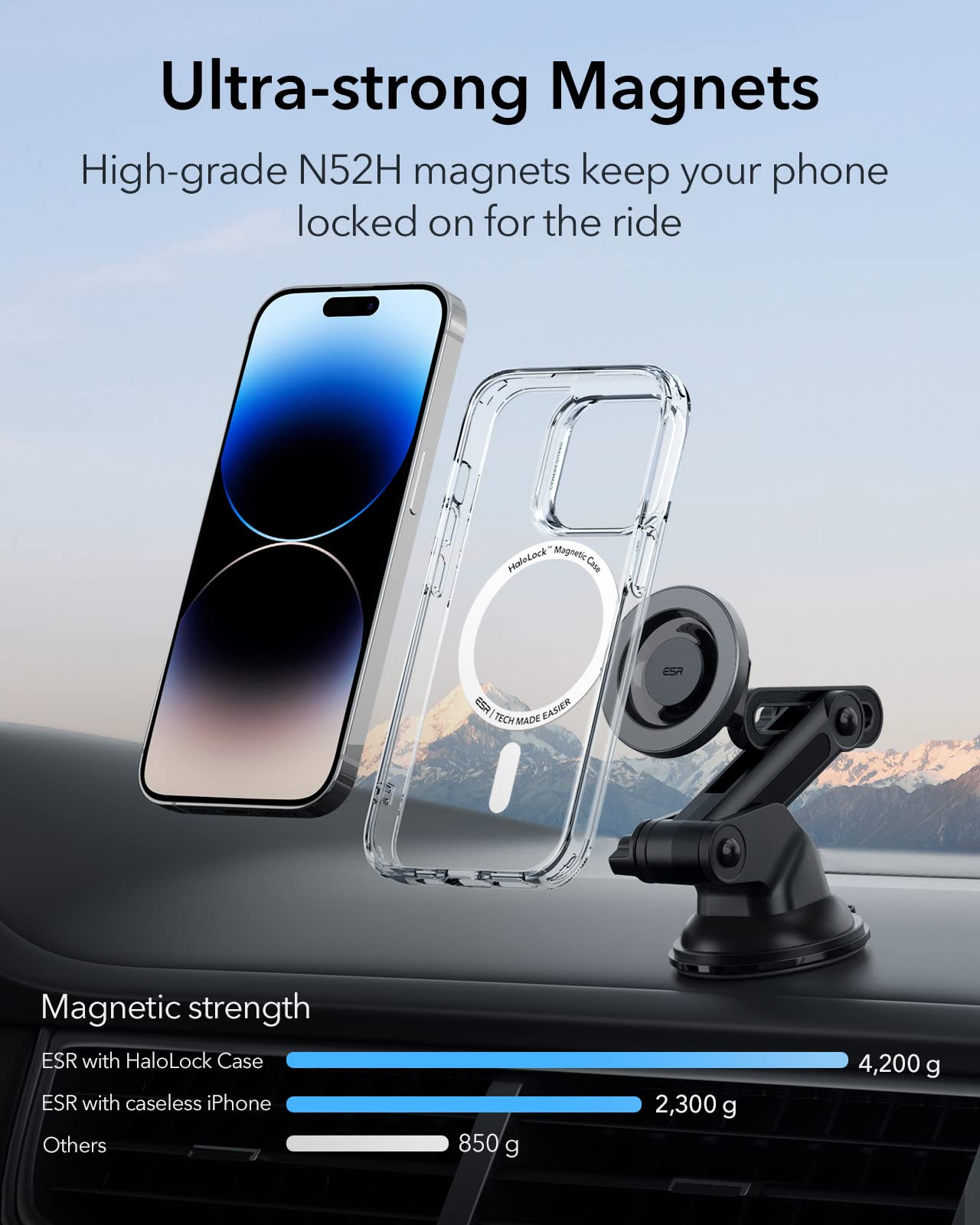 ESR Dashboard Magnetic Phone Holder for Car (HaloLock), Compatible with MagSafe Car Mount, Windshield Magnetic Car Mount for iPhone 15/14/13/12, Car Accessories, Charging Not Supported, Metallic Grey