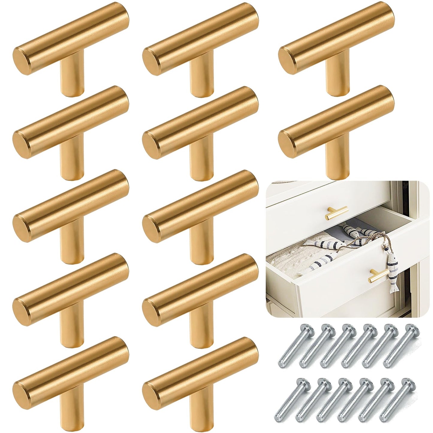 THSIREE 12PCS Cabinet Knobs, Cabinet Pulls Drawer Knobs, Single Hole Cabinet Hardware with Screws, for Kitchen Bedroom Furniture, Gold