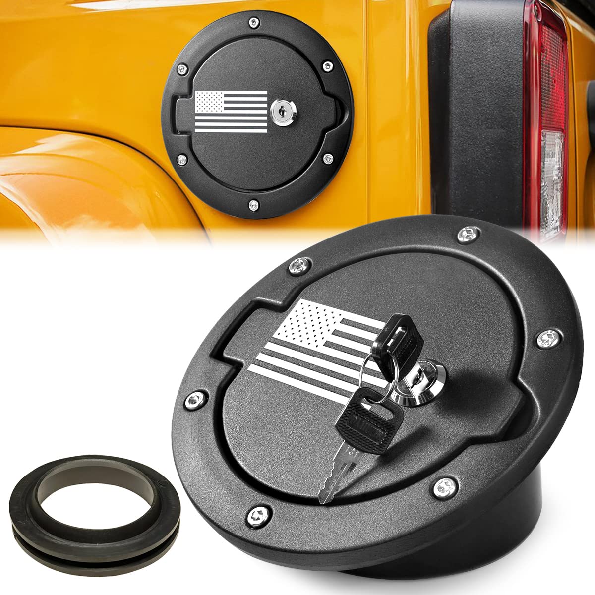 Aukmak Gas Cap Cover Fuel Filler Door Locking Gas Tank for Jeep Wrangler Accessories 2007-2018 JK JKU Unlimited Rubicon Sahara(US Flag)