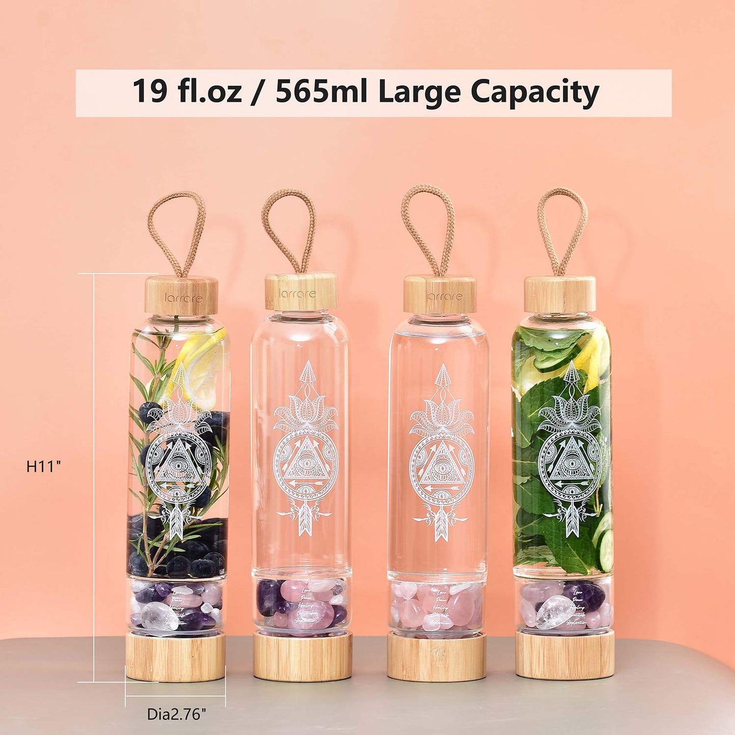 Larrare Crystal Water Bottles 19oz Large Crystal Elixir Gem Infused Water Bottle with Changeable Crystals | Crystal Energy Glass Water Bottle with Sacred Pattern and Words (Rose Quartz)