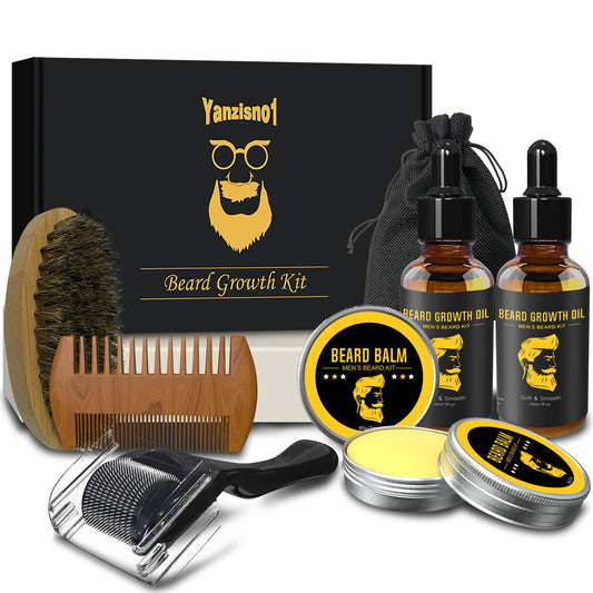 Yanzisno1 Beard Growth Kit for Mens Grooming & Care W/2 Beard Balm, 2 Beard Oil for Men, Beard Roller, Beard Supplies Boar Bristle Beard Brush, Comb, Beard Scissor, Storage Bag Gift for Him Dad