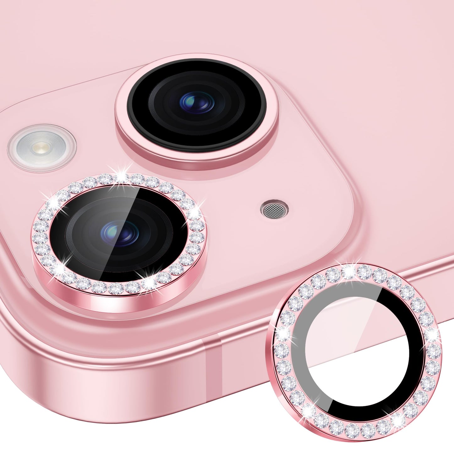 Xfilm Camera Lens Protector Compatible for iPhone 15/15 Plus Bling, Individual Metal Diamond Ring 9H Hardness Scratchproof Protector, Stylish Accessories, Case Friendly (Pink Diamond)