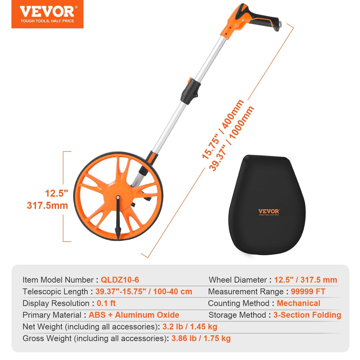 VEVOR Measuring Wheel in Feet, 12.5 in Wheel Diameter, 39.37-15.75 in Telescoping Measure Wheel, Measurement 0-9,999Ft with Back Bag, Suitable for Lawn/Hard/Soft/Wood Road Measuring