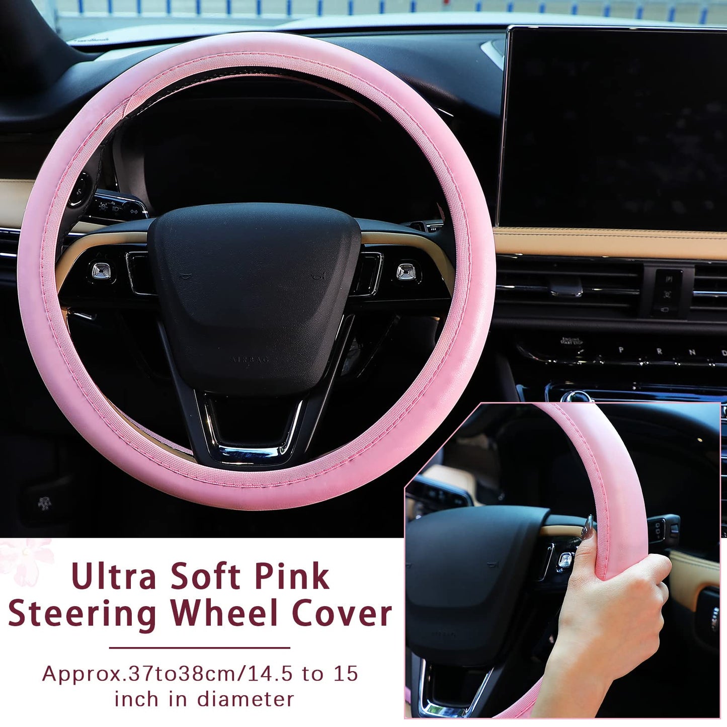 15 Pcs Car Accessories Set Leather Steering Wheel Cover Seatbelt Cover Center Console Pad Bling Car Ring Sticker USB Charger Flower Air Vent Clip