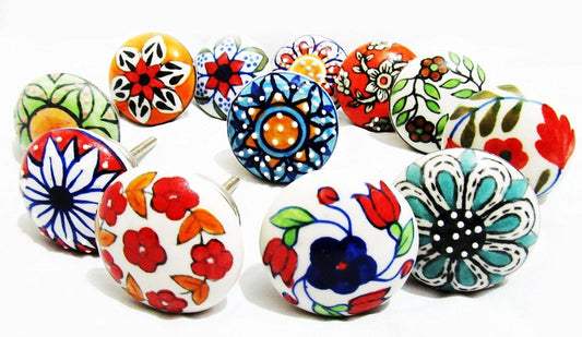 JGARTS 12 x Mix Vintage Look Flower Ceramic Knobs Door Handle Cabinet Drawer Cupboard Pull (12 Flat)