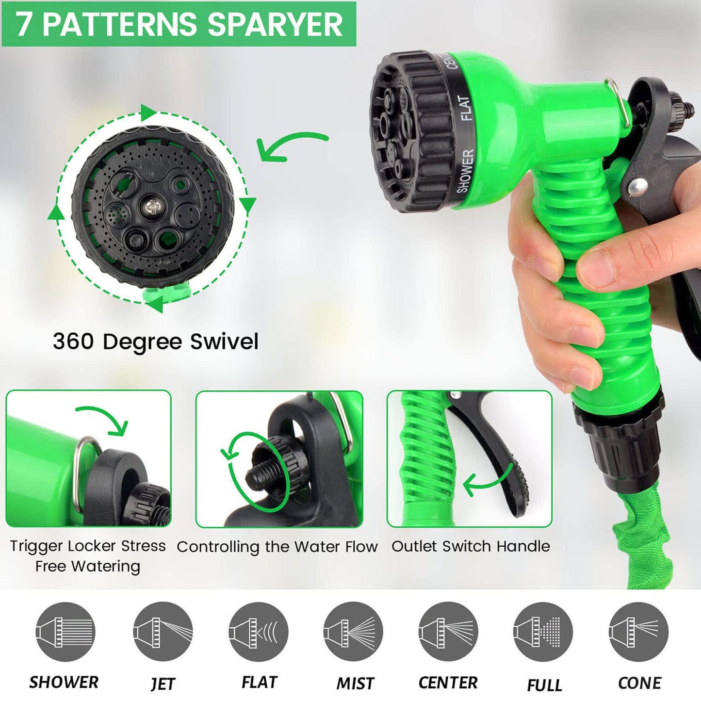 Expandable Garden Hose Water Pipe - 50FT Lightweight Water Hose with 7 Function Spray Nozzle, Portable Retractable Hose for Garden Yard Cleaning, Green