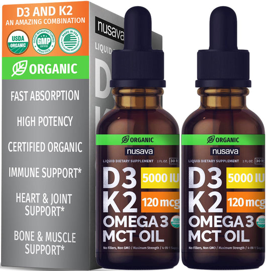 (2 Pack) Organic Vitamin D3 K2 Drops w MCT Oil Omega 3, Maximum Strength Vitamin D 5000 IU, No Fillers, Non-GMO Liquid D3 for Faster Absorption & Immune Support, Unflavored, 2 Fl Oz