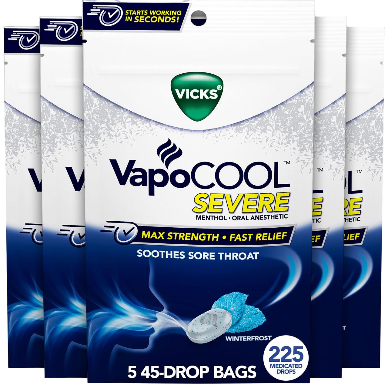 Vicks VapoCOOL SEVERE Medicated Sore Throat Drops, Fast-Acting Max Strength Relief, Soothes Sore Throat Pain Caused by Cough, Powerful Vicks Vapors, Menthol, Winterfrost Flavor, 225ct (5 45ct packs)