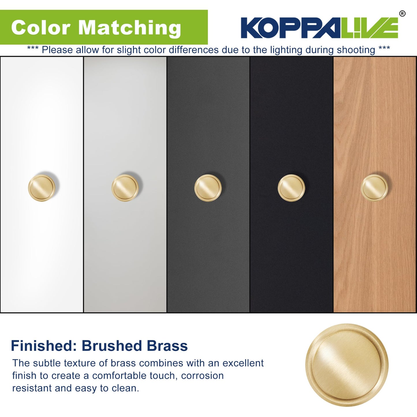 KOPPALIVE 5-Pack Solid Brass Cabinet Knobs, Round Gold Knobs for Dresser Drawers, Brushed Brass Dresser Drawer Pulls Handles, Hardware for Kitchen Cabinets, Diameter 1-1/4 Inch