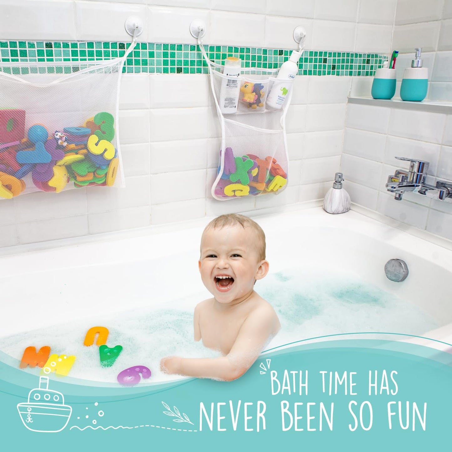 Comfylife 2 x Mesh Bath Toy Organizer + 6 Ultra Strong Hooks + 36 Bath Letters & Numbers – Eco-Safe, Fun, Educational Foam Letters and Perfect Toy Storage Net for Baby Bath Toys & More