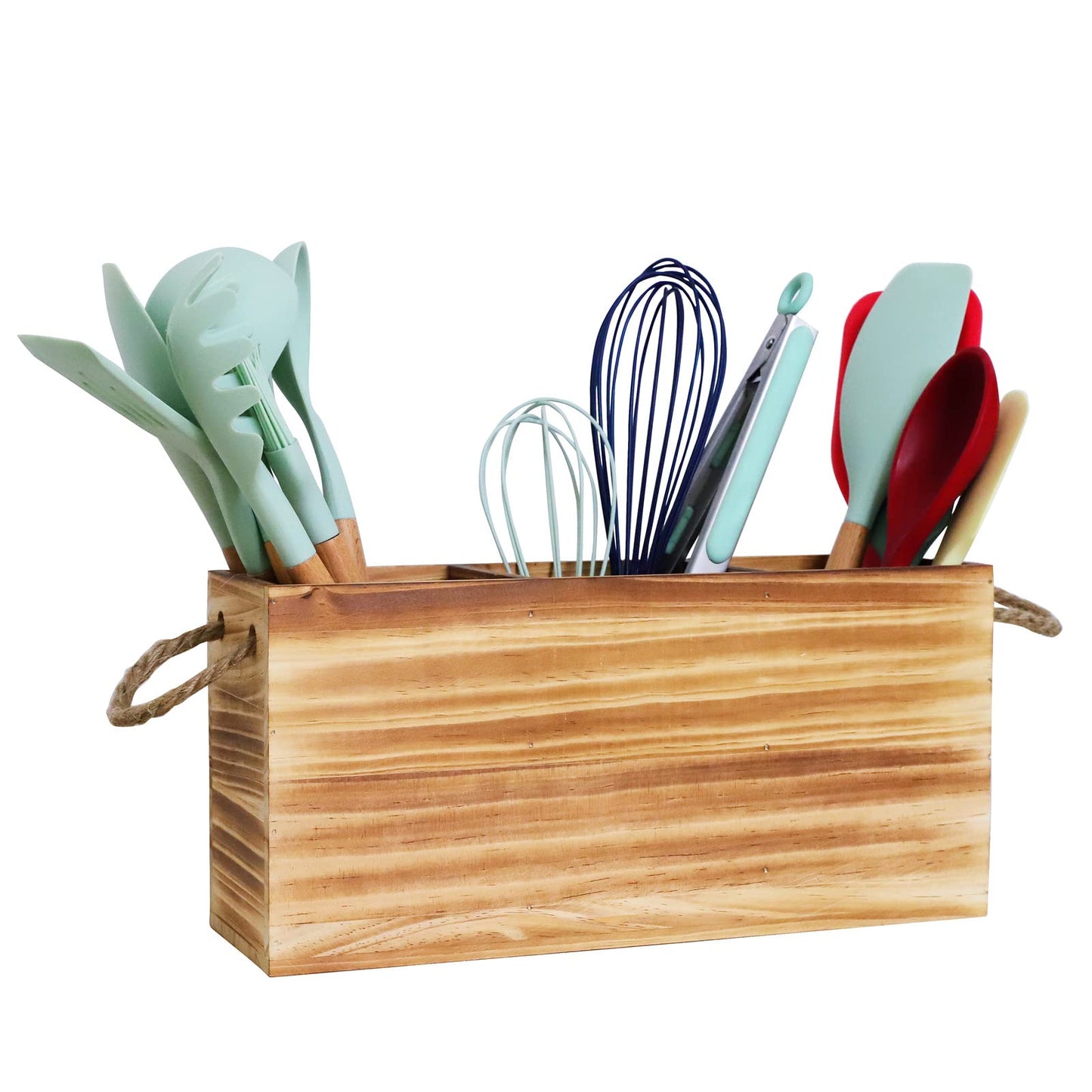 VOHO Kitchen Utensil Holder for Countertop Wooden, Large Utensils holder with Handle 3 Compartments Rustic, Farmhouse Utensil Caddy Kitchen Organizer for Cooking Tools(Utensil Not Included)