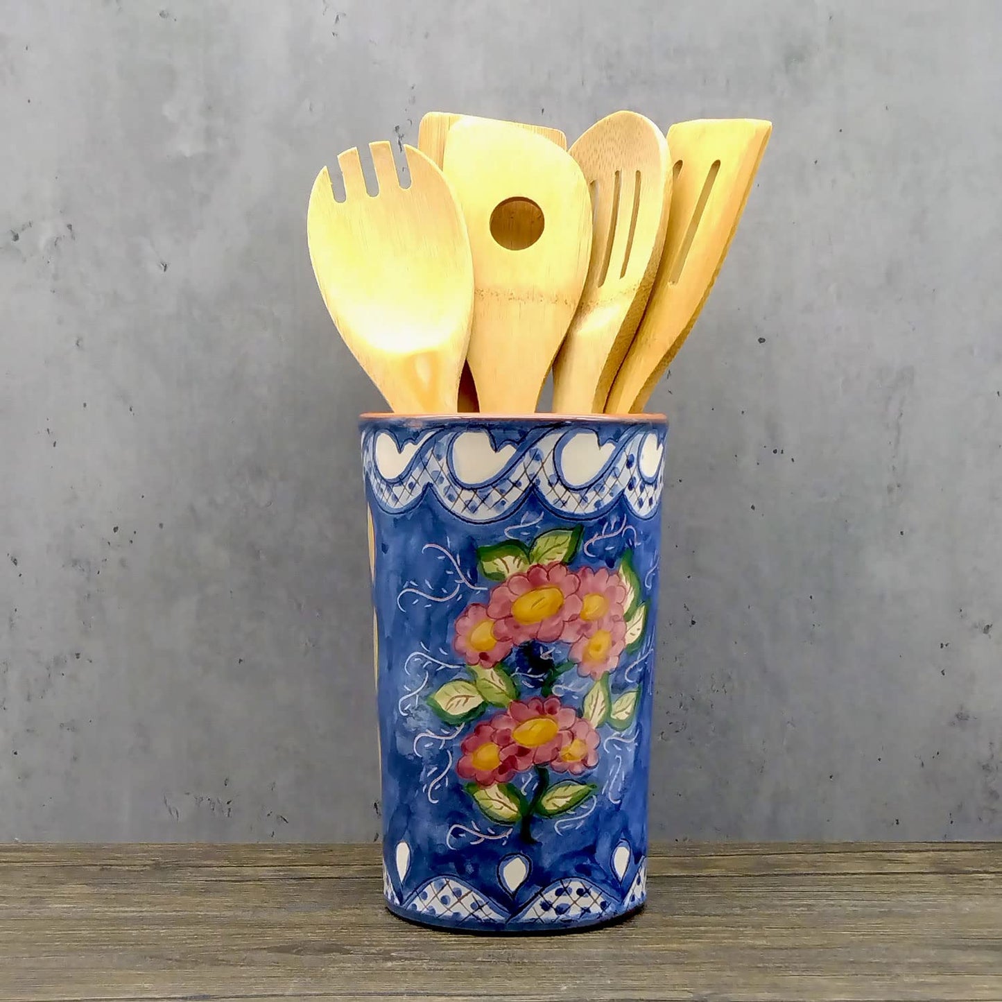 Hand Painted Portuguese Pottery Floral Kitchen Utensil Holder, Blue, White, Red, Green, Yellow (255-355-455-FL)