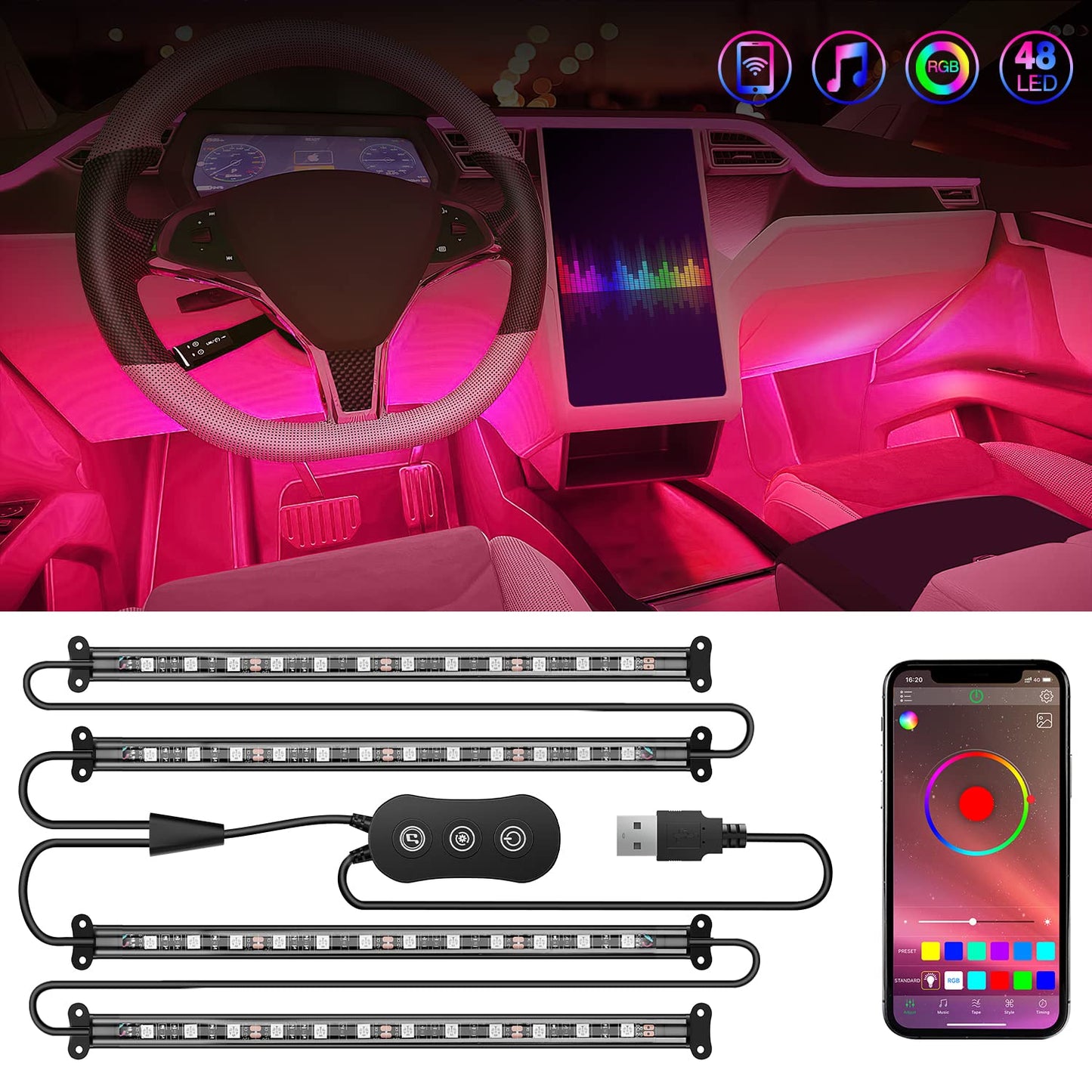 Nilight 4PCS USB Interior Car Lights 48 LEDs RGB LED Strips Lights with App Control Music Sound Active Mode Under Dash Footwell Ambient Lights 2 Line Design for Car Truck ATV UTV, 2 Years Warranty