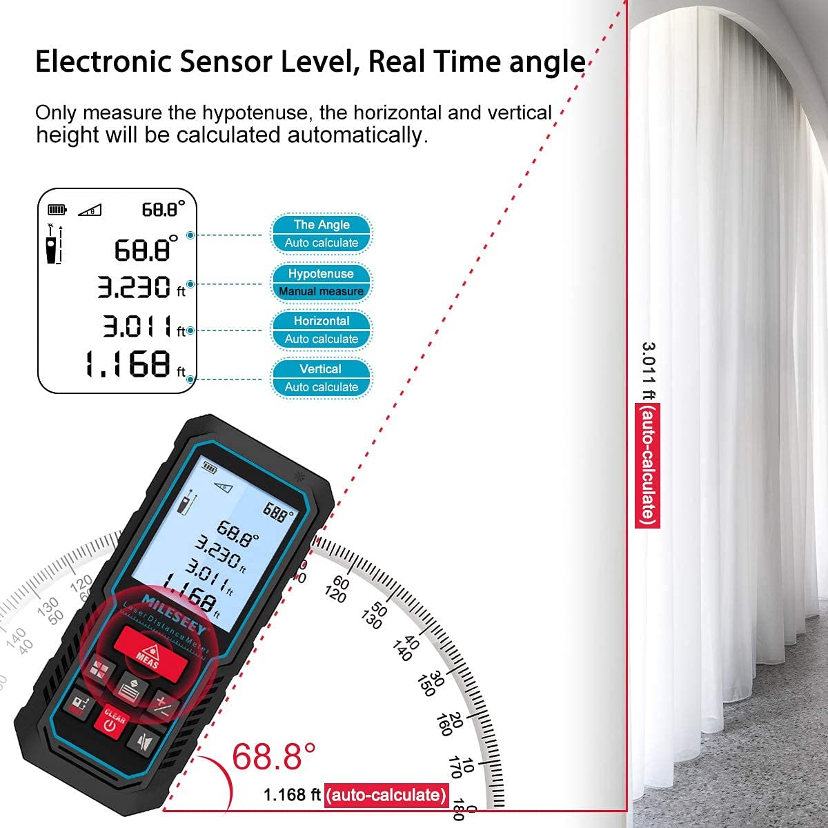 Laser Measure Device, MiLESEEY 229ft Digital Laser Tape Measure with Upgrade Electronic Angle Sensor, ±2mm Accuracy, Area Measurement,Volume and Pythagoras, 2" LCD Backlit,Mute, Battery Included