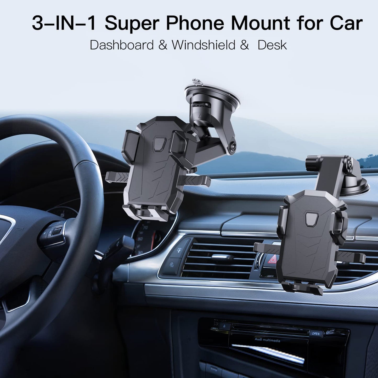 SUYRAKI Phone Mount for Car Dashboard & Windshield Hands Free, Cell Phone Holder with Super Suction Cup and Long Arm Compatible with iPhone Samsung & Other Cellphone