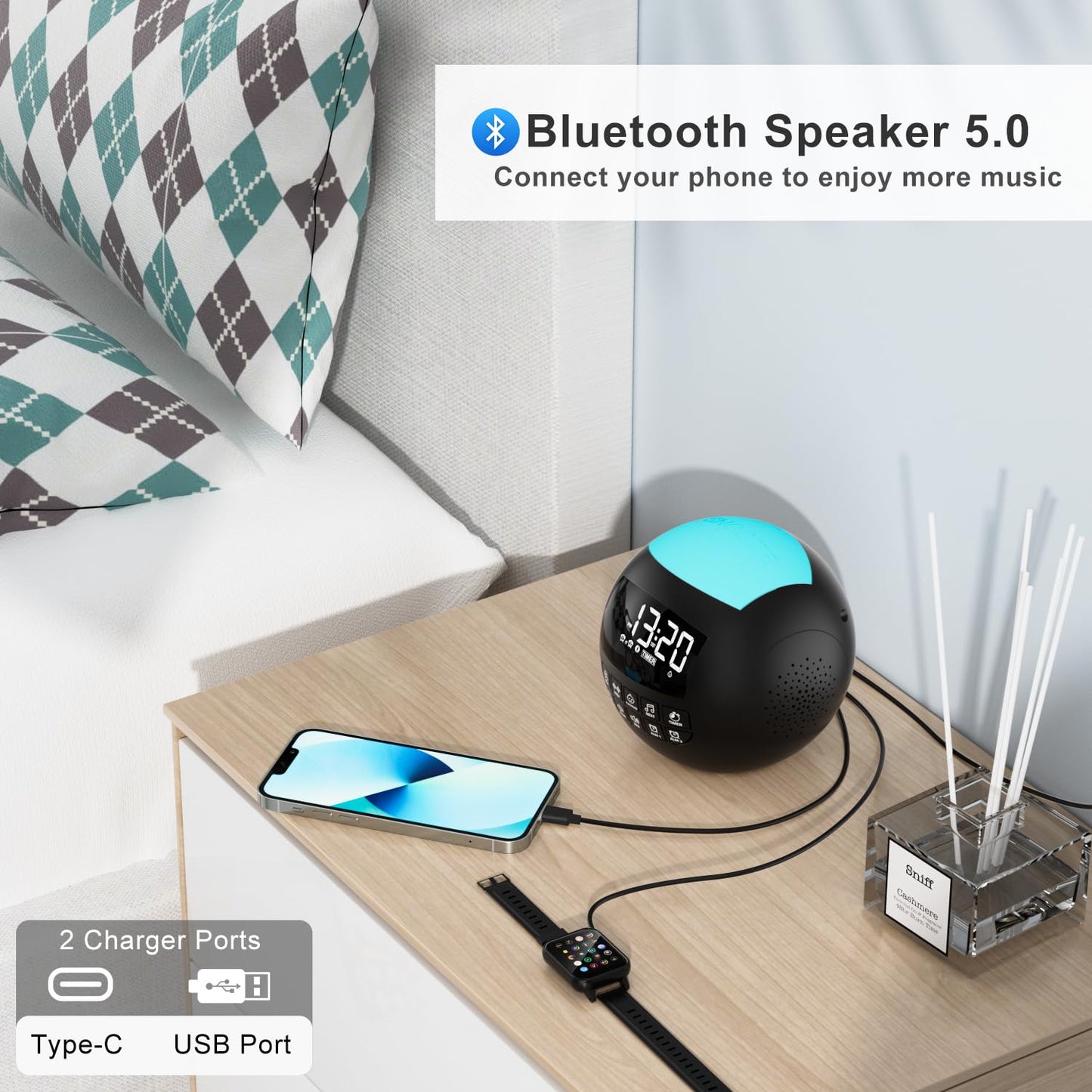 5-in-1 White Noise Sound Machine + Bluetooth + Night Light, 42 Soothing Sounds Sleep Machine for Kids Baby Adults, 8 Timer & Adjustable Volume, USB & Type-C Ports, Dual Alarm Clocks for Bedrooms…