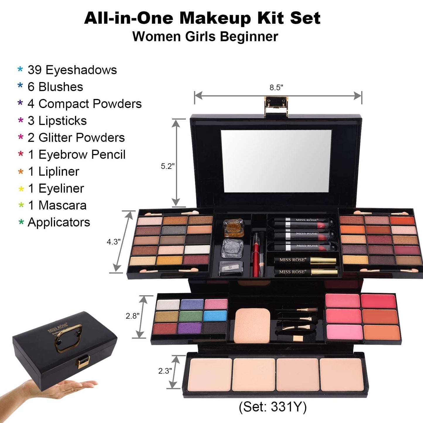 MISS ROSE M 58 Color Professional Makeup Kit, makeup pallet,All In One Makeup Set for Women Girls Beginner,Include Eyeshadow Facial Blusher Eyebrow Powder Face Concealer Powder Eyeliner Pencil and a Mirror(331Y)