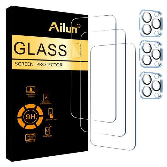 Ailun 3 Pack Screen Protector for iPhone 15 Pro [6.1 inch] + 3 Pack Camera Lens Protector,Case Friendly Tempered Glass Film,[9H Hardness] - HD [6 Pack]