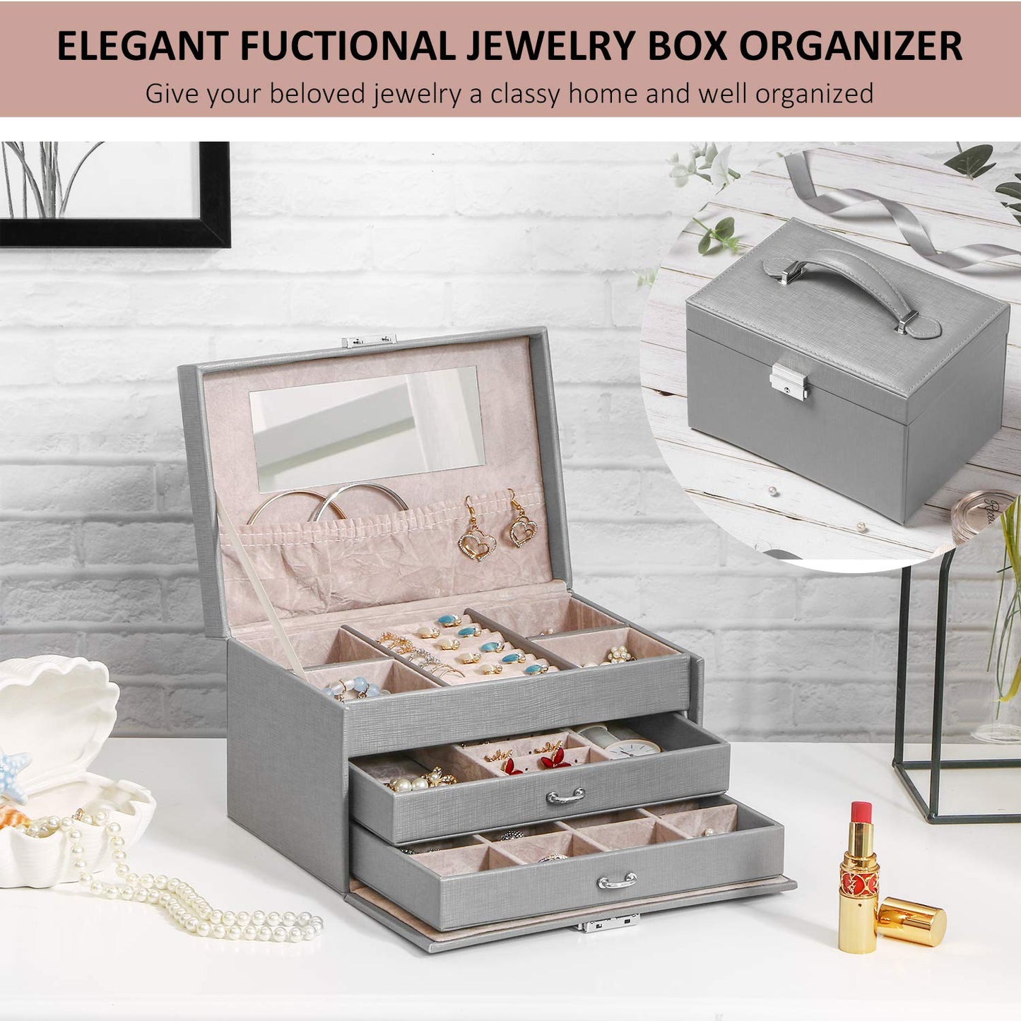 ANWBROAD Jewelry Box for Women and Teen Girls with Lock and Mirror Jewelry Storage Organizer Box Portable Travel Jewelry Boxes for Necklaces Rings Earrings Bracelets UJJB002F