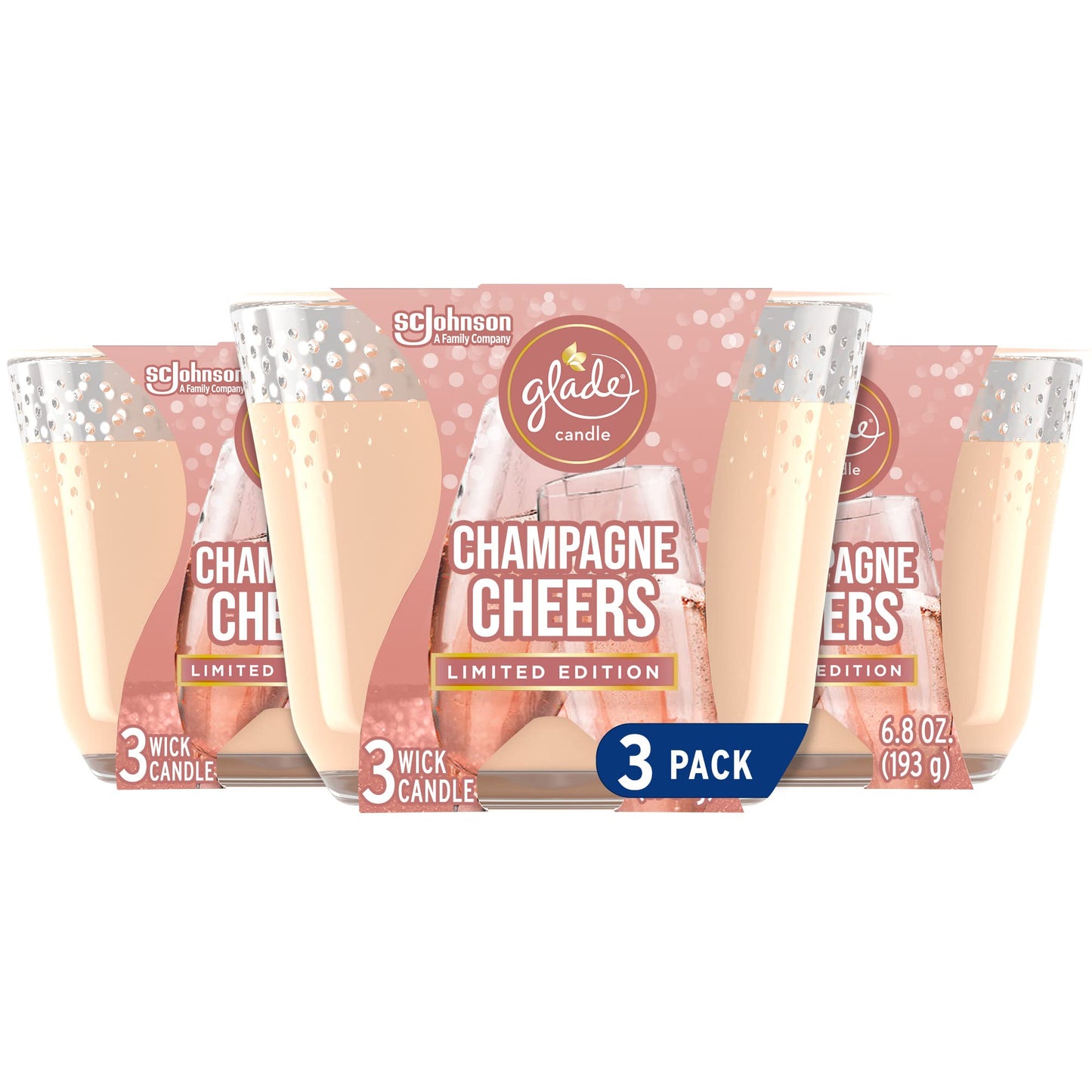 Glade Candle Champagne Cheers, Fragrance Candle Infused with Essential Oils, Air Freshener Candle, 3-Wick Candle, 6.8 Oz, 3 Count